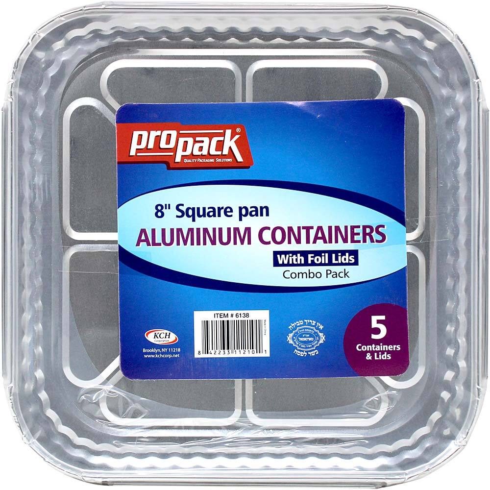 Propack 8"" Square Pan Aluminum Containers With Foil Lids Combo Pack, 5 Containers