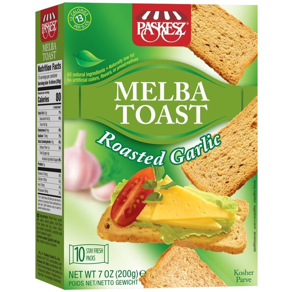 Paskesz Melba Toast Garlic, 7 Oz